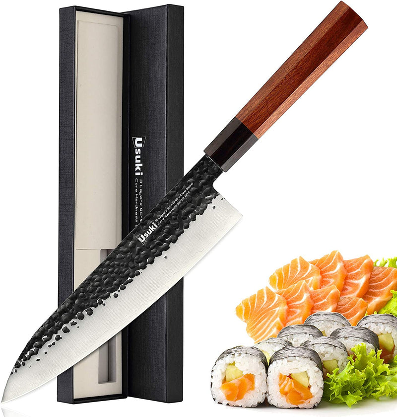Gyuto Chef’S Knife, 8 Inch Japanese Chef Knife 3 Layers 9CR18MOV Clad Steel Japanese Kitchen Knife, Alloy Steel Sushi Knife for Kitchen/Restaurant, Octagonal Handle, Gift Box (Chefs Knife) Home & Garden > Kitchen & Dining > Kitchen Tools & Utensils > Kitchen Knives Usuki Chefs Knife  