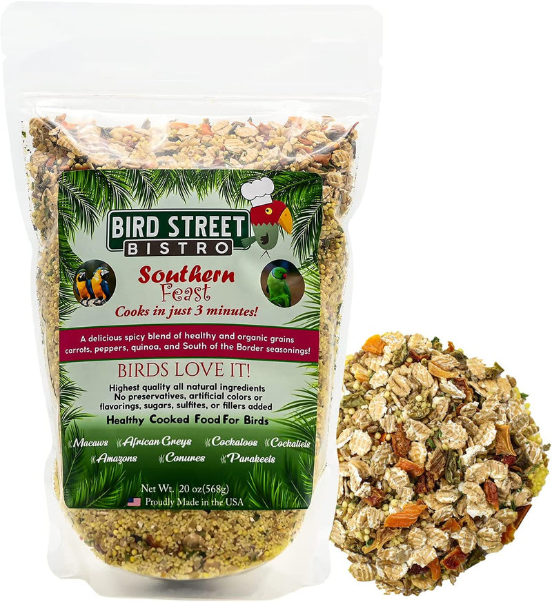 Bird Street Bistro Parrot Food - Parakeet Food - Cockatiel Food - Bird Food - Cooks in 3-15 Min W/ Natural & Organic Grains - Legumes - Non-Gmo Fruits, Vegetables, & Healthy Spices Animals & Pet Supplies > Pet Supplies > Bird Supplies > Bird Food Bird Street Bistro Southern Feast 1.25 Pound (Pack of 1) 