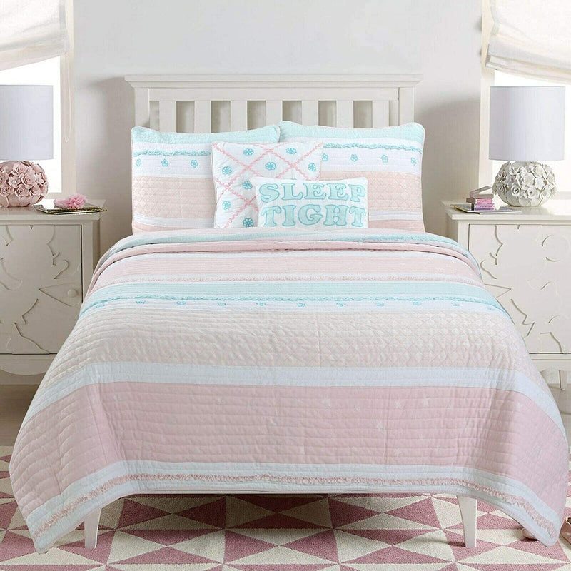 Cozy Line Home Fashions Pink Green Chic Ruffles Girl 100% Cotton Reversible Quilt Bedding Set, Coverlet, Bedspreads (Twin - 2 Piece: 1 Quilt + 1 Sham) Home & Garden > Linens & Bedding > Bedding Cozy Line Home Fashions Candy Twin 