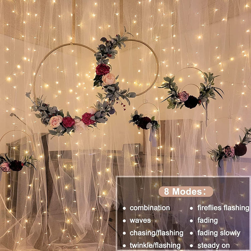 Echosari 300 LED Curtain Lights Battery Operated, Hanging Lights W/ Remote Timer, Outdoor Curtain Icicle Window Lights for Bedroom, Wedding Backdrops, Christmas, Party Decór (9.8Ft×9.8Ft, Warm White) Home & Garden > Lighting > Light Ropes & Strings echosari   
