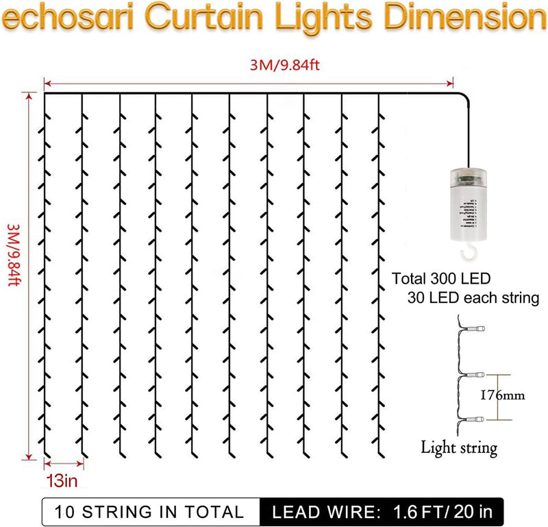 Echosari 300 LED Curtain Lights Battery Operated, Hanging Lights W/ Remote Timer, Outdoor Curtain Icicle Window Lights for Bedroom, Wedding Backdrops, Christmas, Party Decór (9.8Ft×9.8Ft, Warm White)