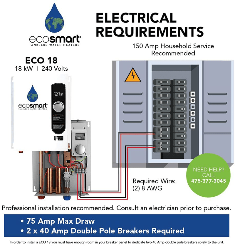 Ecosmart ECO 18 Electric Tankless Water Heater, 18 KW at 240 Volts with Patented Self Modulating Technology