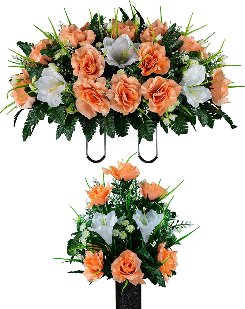Sympathy Silks Artificial Cemetery Flowers – Realistic- Outdoor Grave Decorations - Non-Bleed Colors, and Easy Fit - Lavender Amaryllis & Purple Rose Saddle for Headstone Home & Garden > Decor > Seasonal & Holiday Decorations Rubys Silk Flowers Peach Bouquet and Saddle 