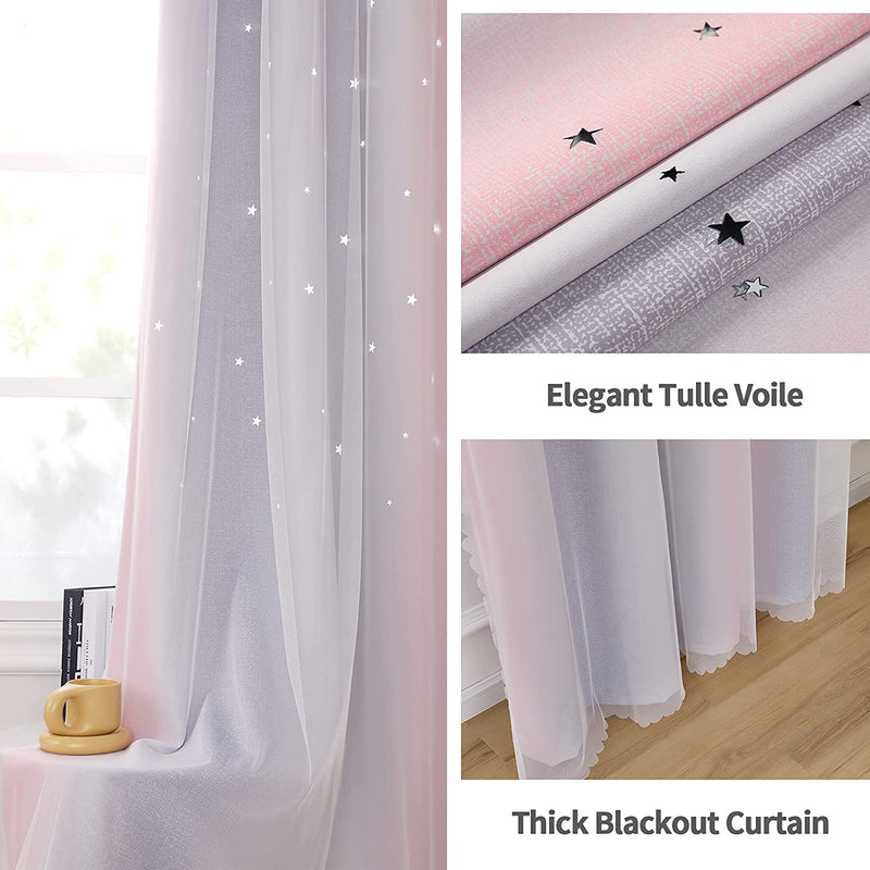 Drewin 2 Panel Girls Curtains for Bedroom 63 Inches Length Stars Cut Out Pink Blackout Curtain Kids Room Darkening 2 in 1 Rainbow Ombre Stripe Double Layer Window Drapes Nursery,52X63 in Pink & Grey Home & Garden > Decor > Window Treatments > Curtains & Drapes Drewin   
