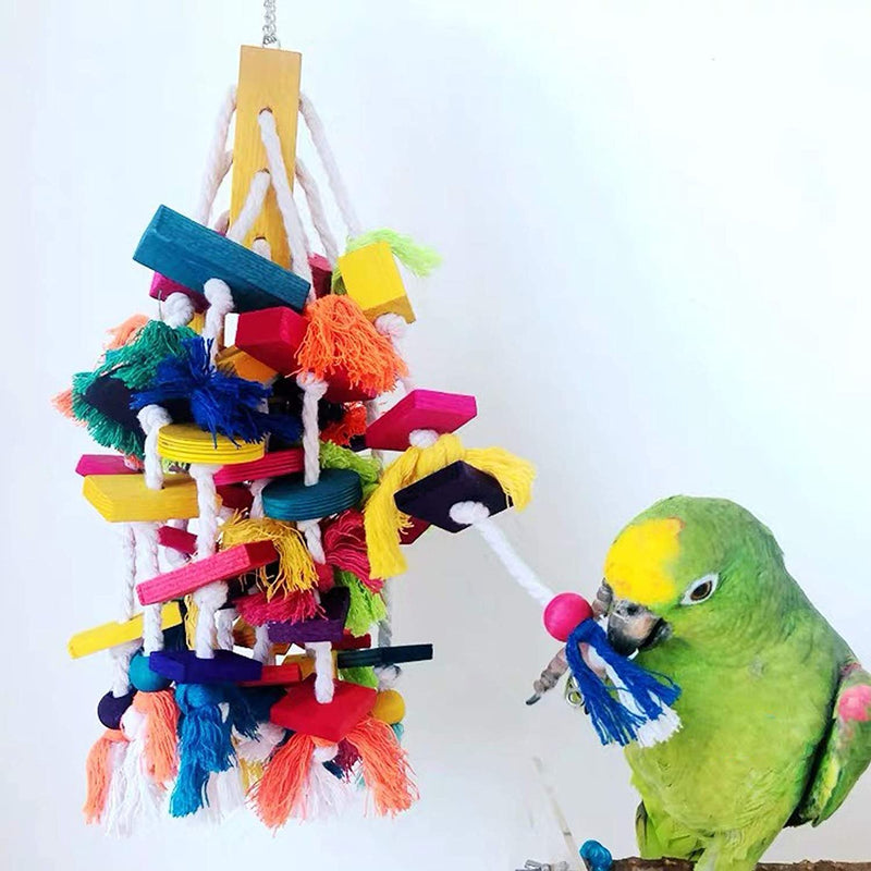 Hamiledyi Bird Chewing Toys Parrot Chew Knot Toy Multicolored Natural Wooden Blocks Hanging Foraging Toy Birds Tearing Toys for African Greys Parakeets Budgerigars Lovebirds