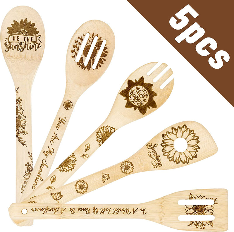 Eartim 5Pcs Sunflower Wooden Spoons Utensils Set, Summer Sunflower Theme Kitchen Cooking Utensils Natural Non-Stick Carve Burned Bamboo Cooking Spoon Slotted Spatulas Tools Birthday Wedding Gifts