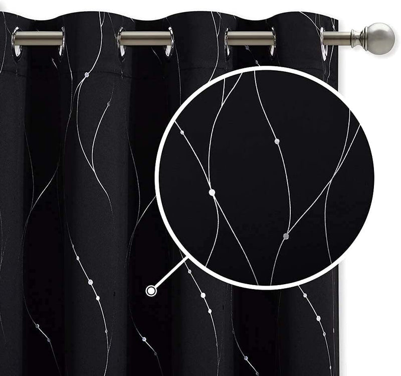 Stangh Set of 2 Printed Blackout Thermal Insulated Curtains for Kitchen, Grommet Foil Print Window Drapes with Silver Wave Line and Dots Design for Cafe Home Office, W52 X L45 Inch, Black, 2 Pieces Home & Garden > Decor > Window Treatments > Curtains & Drapes StangH Black W52" x L95" 