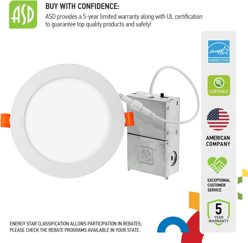 ASD 6 Pack Ultra Thin LED Recessed Lighting 6 Inch, 5 CCT 2700K-5000K Selectable, 15W 60W Eqv, Ceiling Dimmable Canless Wafer Downlight with Junction Box, 1225Lm High Brightness - UL Energy Star Home & Garden > Lighting > Flood & Spot Lights ASD Lighting Corp   