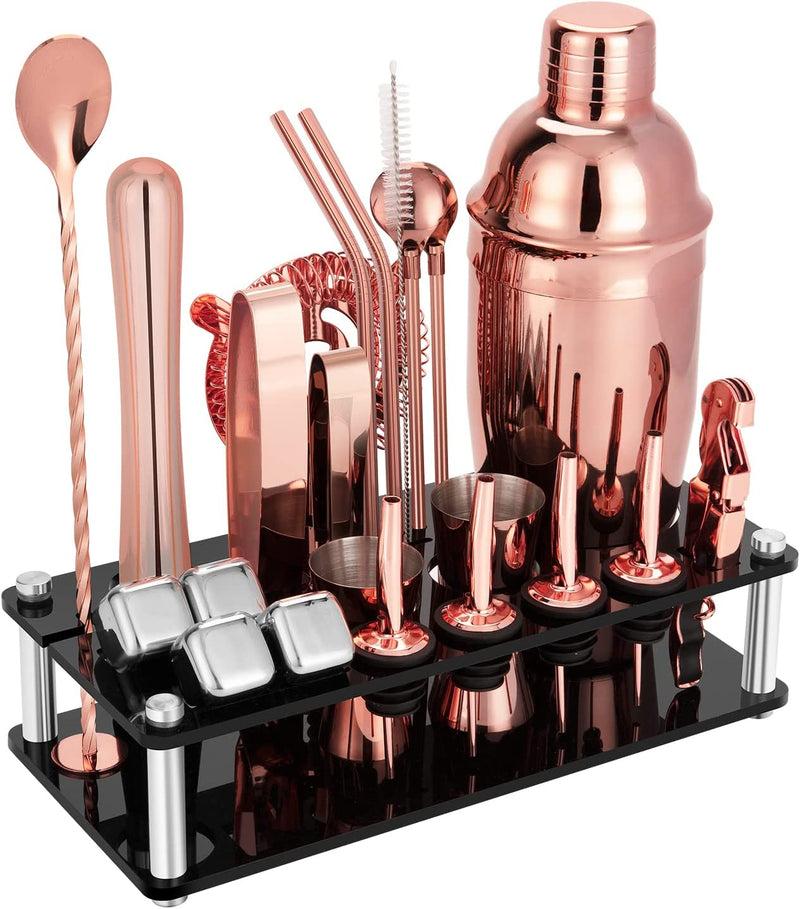 Cocktail Shaker Set, 23-Piece Stainless Steel Bartender Kit with Acrylic Stand & Cocktail Recipes Booklet, Professional Bar Tools for Drink Mixing, Home, Bar, Party (Include 4 Whiskey Stones) Home & Garden > Kitchen & Dining > Barware KINGROW Gold Rose  