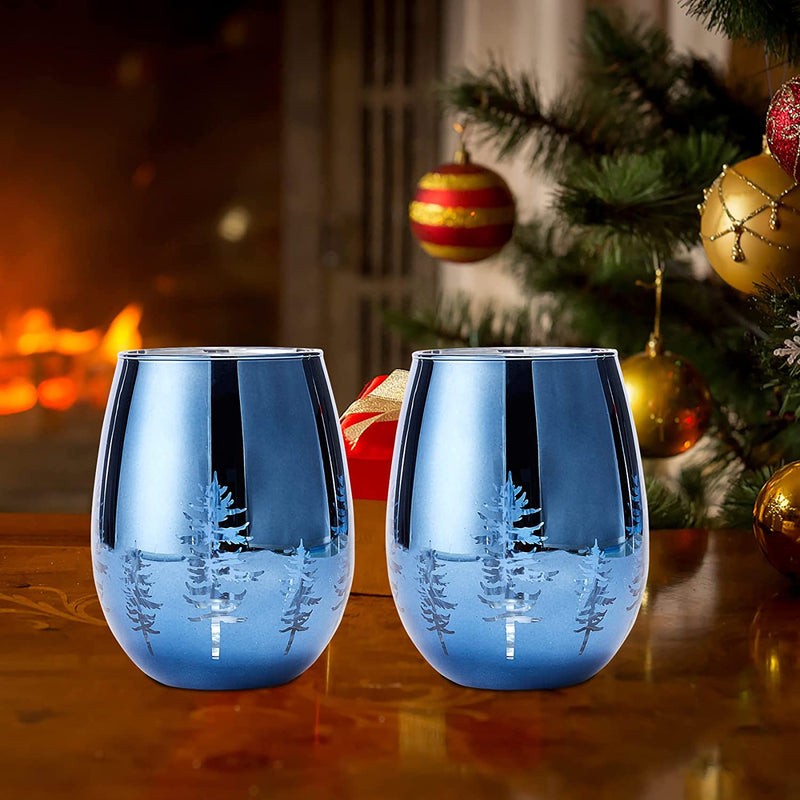 Crystal Christmas Tree Xmas Wine & Water Stemless Glasses - Set of 2 - Holiday Themed Vibrant Blue Etched Winter Snow Wonderland Frosted Glass, Perfect for Holidays Parties, Gifts for Him & Her Trees Home & Garden > Kitchen & Dining > Tableware > Drinkware GUTE   