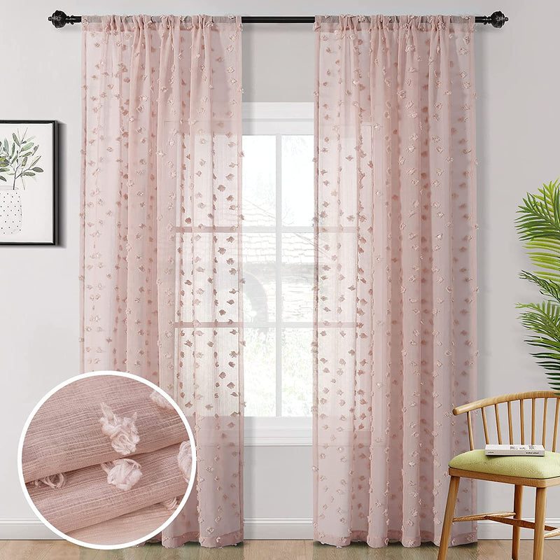 MYSKY HOME Pink Pom Pom Sheer Curtains for Bedroom Light Filtering Semi-Sheer Curtains for Nursery Girls Kids Room Rod Pocket Boho Voile Window Draperies Pink 38 X 45 Inch 2 Panels Home & Garden > Decor > Window Treatments > Curtains & Drapes MYSKY HOME Dusty Pink 54W x 96L 