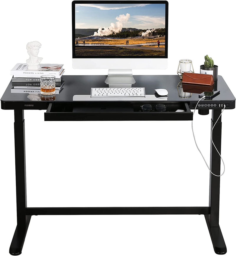 FLEXISPOT EW8 Comhar Electric Standing Desk with Drawers Charging USB a to C Port, Height Adjustable 48" Whole-Piece Quick Install Home Office Computer Laptop Table with Storage (White Top + Frame) Home & Garden > Household Supplies > Storage & Organization FLEXISPOT Black Glass 