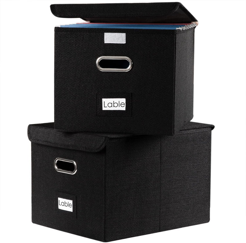 PRANDOM File Organizer Box - Set of 4 Collapsible Decorative Linen Filing Storage Hanging File Folders with Lids Office Cabinet Letter Size (15X12.2X10.75 Inch) Home & Garden > Household Supplies > Storage & Organization PRANDOM black (2-pack) without folders 
