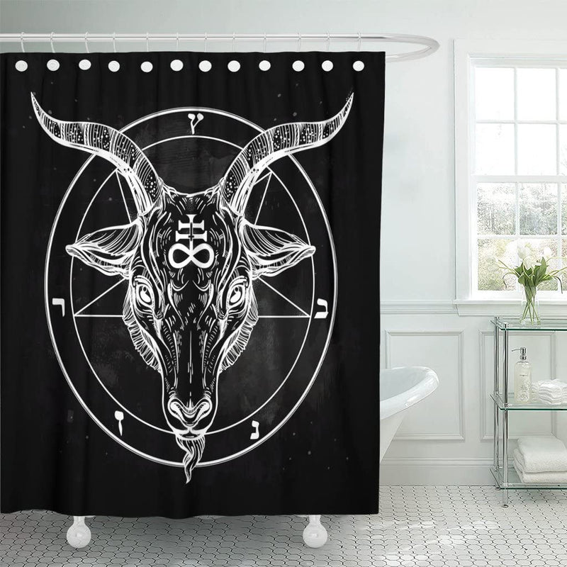 Emvency Shower Curtain Pentagram with Demon Baphomet Satanic Goat Head Binary Symbol Tattoo Retro Music Summer for Biker Black Waterproof Polyester Fabric 72 X 72 Inches Set with Hooks Sporting Goods > Outdoor Recreation > Fishing > Fishing Rods Emvency 72"W x 72"L  