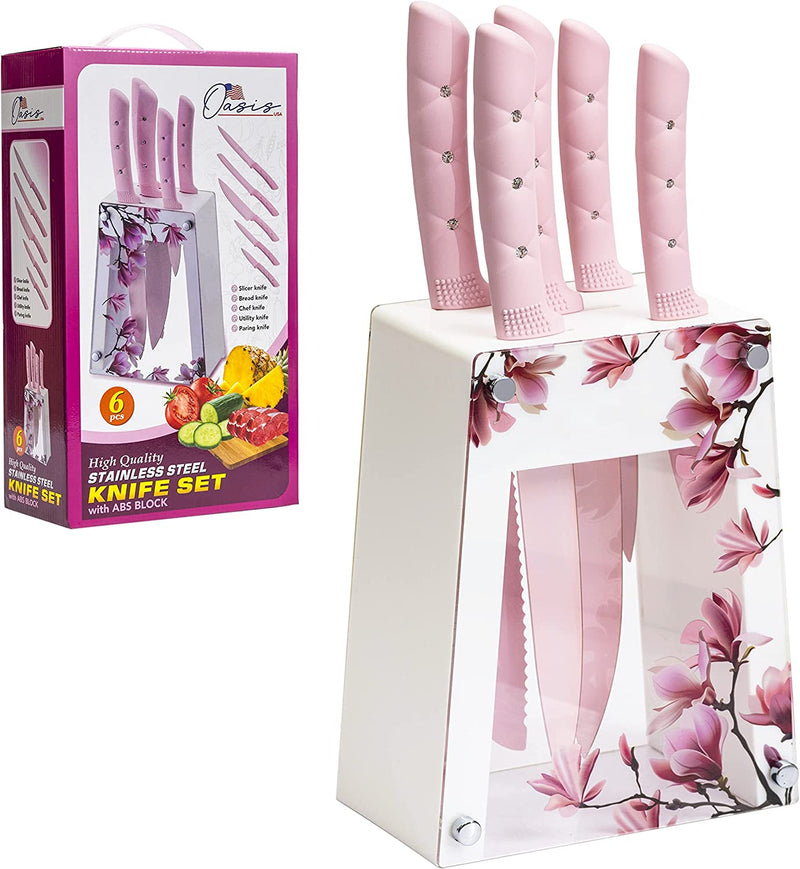 Kitchen Knife Set, Oasisusa Stainless Steel Sharp Knife Sets with ABS Stand, Non-Fading Pink Color Flower Patterned Stainless Steel Blade with Triple-Riveted Handles. Gift for Women and Girls Home & Garden > Kitchen & Dining > Kitchen Tools & Utensils > Kitchen Knives OasisUSA   
