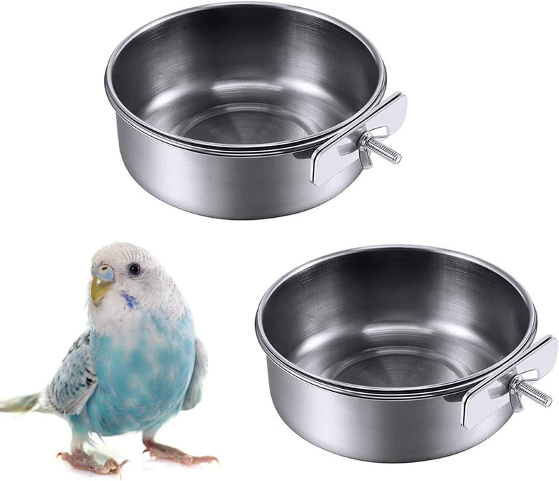 Kathson 2 Pack Bird Feeding Cups with Clamp Holder, Parrot Food & Water Cage Hanging Bowl Stainless Steel Coop Cup Dish Feeder for Parakeet Cockatiels Conure Budgies Lovebird Finch