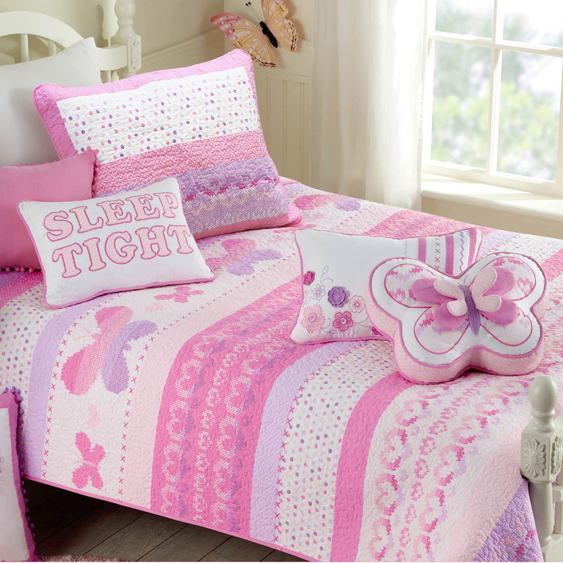 Cozy Line Home Fashions Angelina Floral Dot Pink Light Purple Blue 100% Cotton Reversible Girl Quilt Bedding Set, Bedspread, Coverlet (Twin - 2 Piece) Home & Garden > Linens & Bedding > Bedding Cozy Line Home Fashions Pink Butterfly Twin 