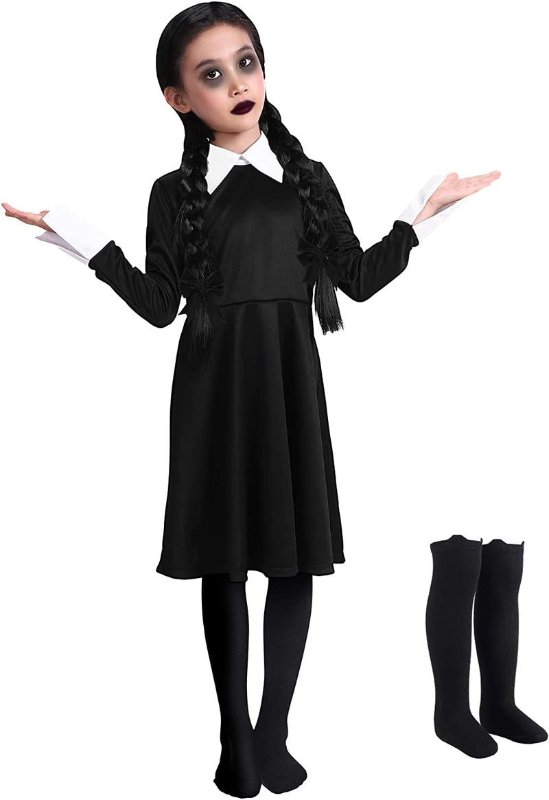Wigood Wednesday Costume Girls Dress for Kids Addams Costumes Halloween Cosplay Party Dress with Socks 3-12 Years  Wigood Black_Long_Sleeve 9-10 Years 