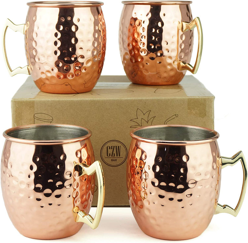 PG Moscow Mule Mugs | Large Size 19 Ounces | Set of 4 Hammered Cups | Stainless Steel Lining | Pure Copper Plating | Gold Brass Handles | 3.7 Inches Diameter X 4 Inches Tall Home & Garden > Kitchen & Dining > Barware PG Large (Pack of 4)  