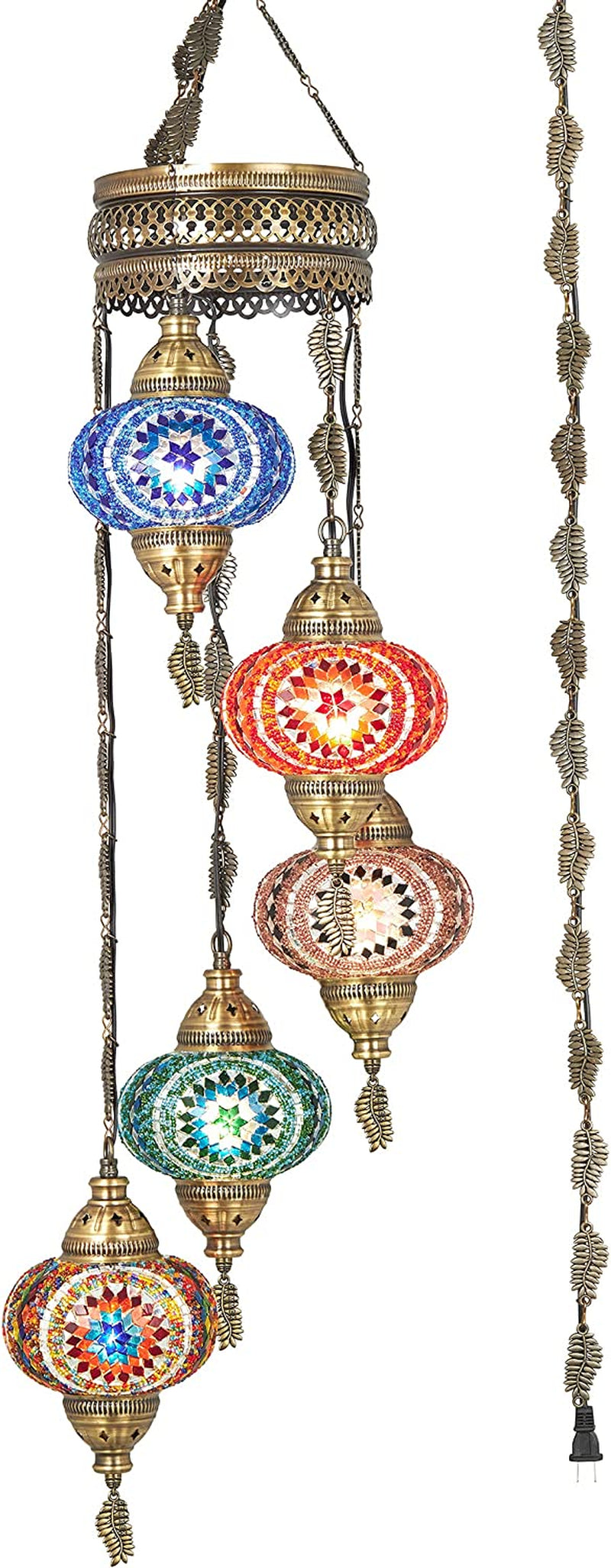 DEMMEX Swag Plug in Light, Turkish Moroccan Colorful Mosaic Wall Plug in Ceiling Hanging Light Chandelier Lighting with 15Feet Chain Cord & Plug, 5 Big Shades (Multi) Home & Garden > Lighting > Lighting Fixtures > Chandeliers DEMMEX   