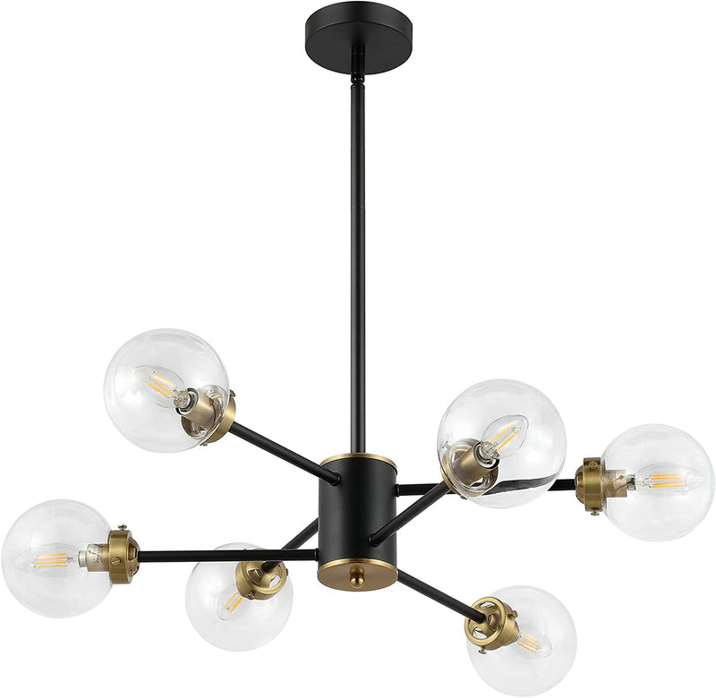 WINGBO 6-Light Modern Chandelier, Sputnik Pedant Light Fixture with Large Opal White Glass Globe Shade for Flat and Slop Ceiling, Height Adjustable for Kitchen Living Room Dining Room Bedroom, Gold Home & Garden > Lighting > Lighting Fixtures > Chandeliers WINGBO Black + Clear Glass 2 6-Light 