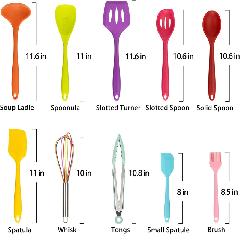 QIYU Kitchen Silicone Utensil Set,10Pcs Silicone Cooking Utensils Set,Food Grade Safety Silicone Utensils,480℉Heat Resistant Kitchen Tools,Seamless Easy to Clean, Non Stick Utensils(Multicolor) Home & Garden > Kitchen & Dining > Kitchen Tools & Utensils QIYU   