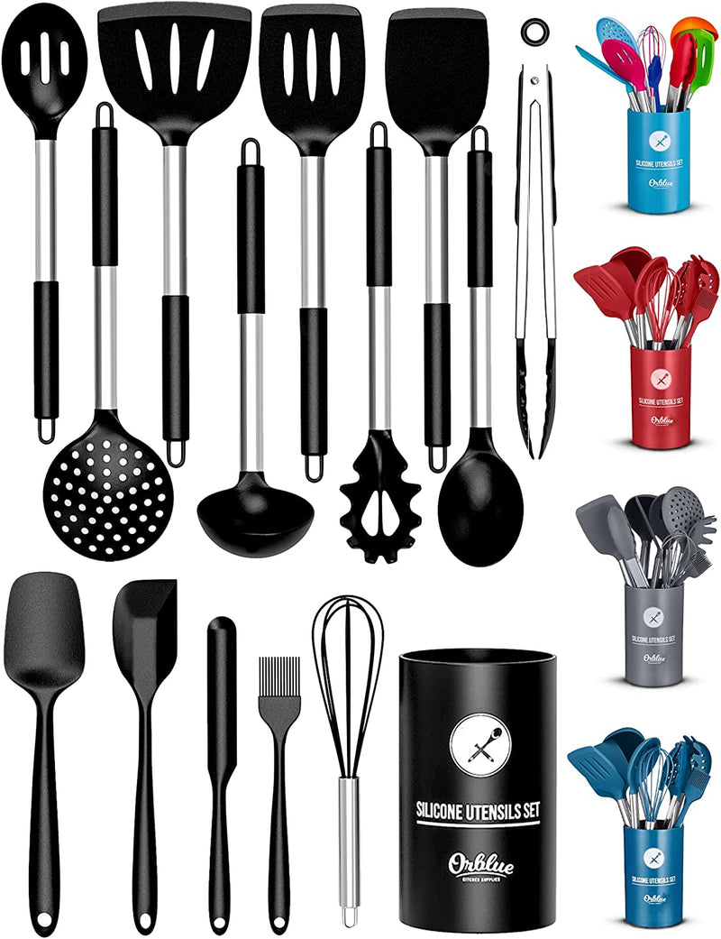 ORBLUE Silicone Cooking Utensil Set, 14-Piece Kitchen Utensils with Holder, Safe Food-Grade Silicone Heads and Stainless Steel Handles with Heat-Proof Silicone Handle Covers, Gray Home & Garden > Kitchen & Dining > Kitchen Tools & Utensils Orblue Boundless Black  
