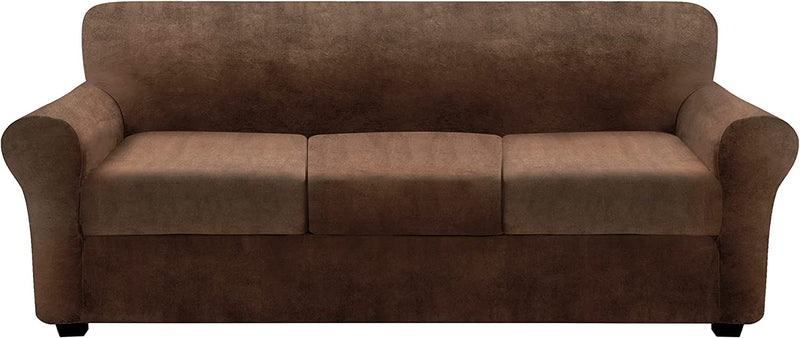 FINERFIBER Velvet High Stretch 4 Piece Sofa Slipcover | Thick Couch Cover for Pets | Couch Covers for 3 Cushion Couch | Furniture Protector for 3 Separate Cushion Couch Machine Washable (Sofa,Red) Home & Garden > Decor > Chair & Sofa Cushions FINERFIBER Brown 3 seater 