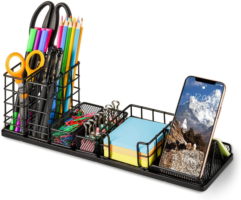 Pen Holder for Desk, Desk Organizer with Pen Holder, DIY Desktop Organization with Phone Holder, Sticky Note Tray, Paperclip Storage and Office Accessories Caddy for Office Home School, Black Home & Garden > Household Supplies > Storage & Organization Topwey Black  
