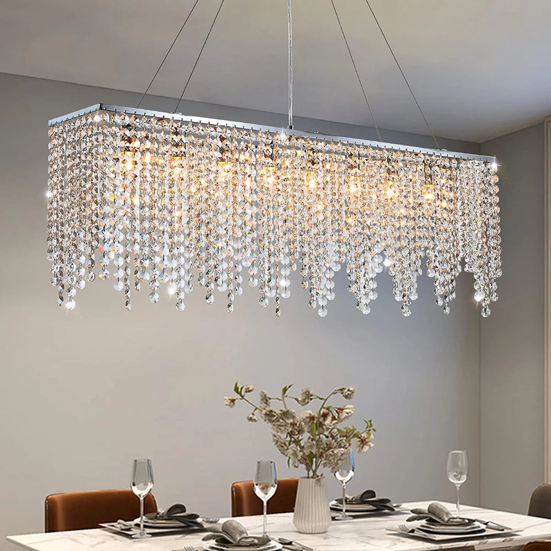 7PM Rectangle Crystal Chandelier Modern Chrome Chandeliers Contemporary Raindrop Hanging Lighting Fixture for Dining Room Kitchen Island 60 Inch Home & Garden > Lighting > Lighting Fixtures > Chandeliers 7PM L40''  