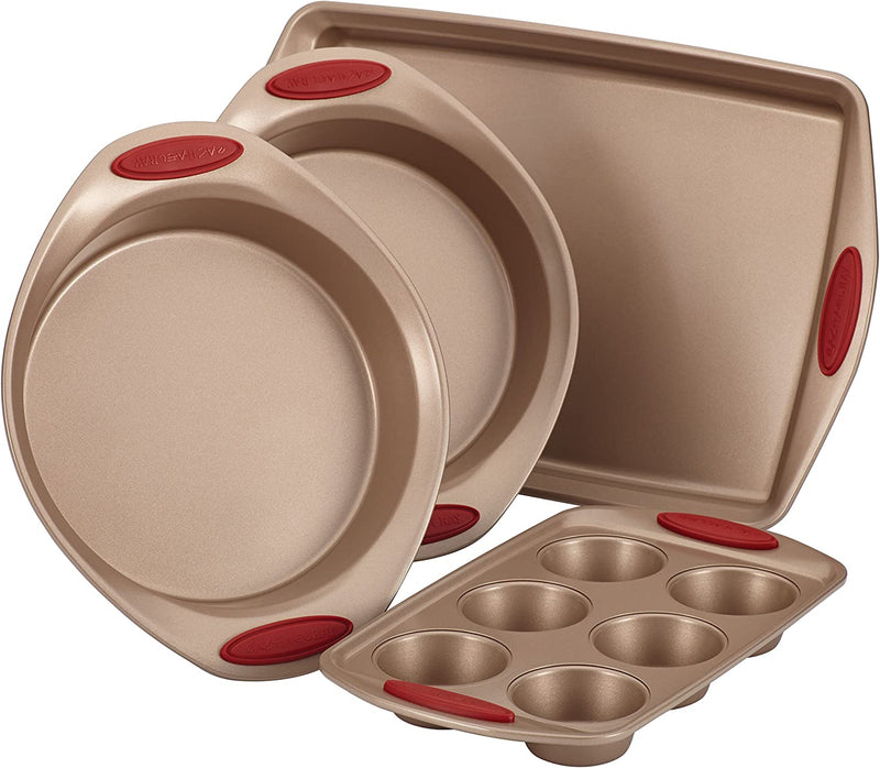 Rachael Ray Cucina Nonstick Bakeware Set Baking Cookie Sheets Cake Muffin Bread Pan, 10 Piece, Latte Brown with Cranberry Red Grips Home & Garden > Kitchen & Dining > Cookware & Bakeware Rachael Ray Latte Brown with Cranberry Red Grips 4 Piece 