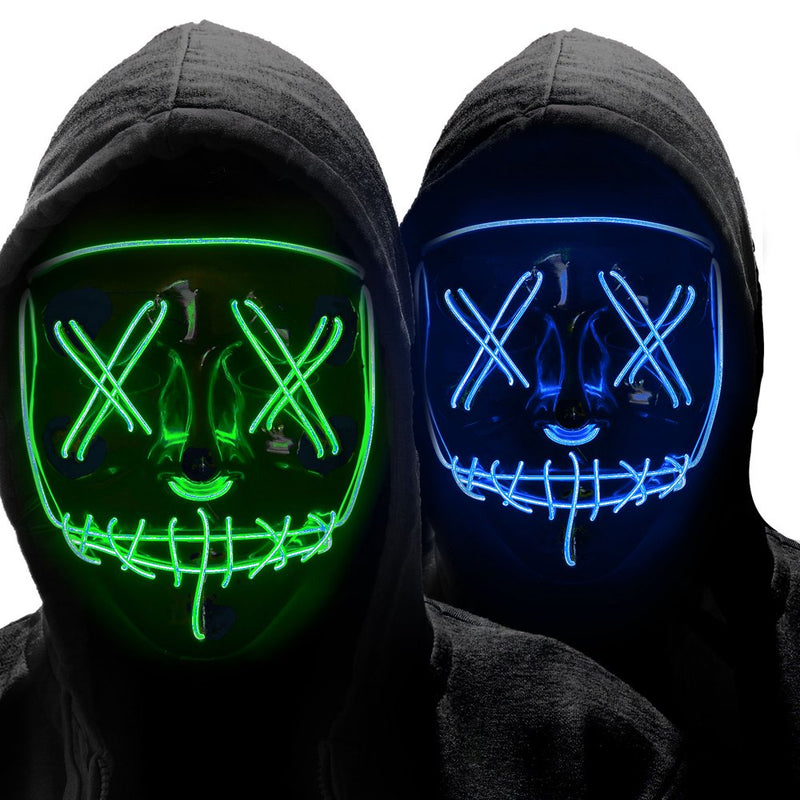 Fun Little Toys 2 Pcs Halloween Mask LED Light up Mask, Scary Cosplay Face Mask Halloween Costume Party Supplies for Kids Adults, Glowing in the Dark Mask 3 Lighting Modes, Blue and Green