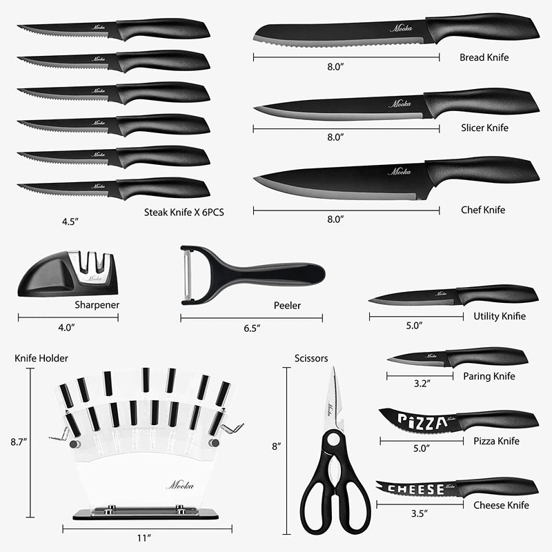 Knife Set, 17 Pcs Kitchen Knife Set Dishwasher Safe, 13 Black Non-Stick Coating Stainless Knives, Knife Block Set with Acrylic Stand, Chef Knife, 6 Steak Knives, Scissors, Peeler and Knife Sharpener