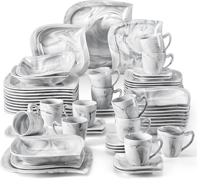 MALACASA Square Dinnerware Sets, 30 Piece Marble Grey Dish Set for 6, Porcelain Dishes Dinner Set with Plates and Bowls, Cups and Saucers, Dinnerware Plate Set Microwave Safe, Series Blance