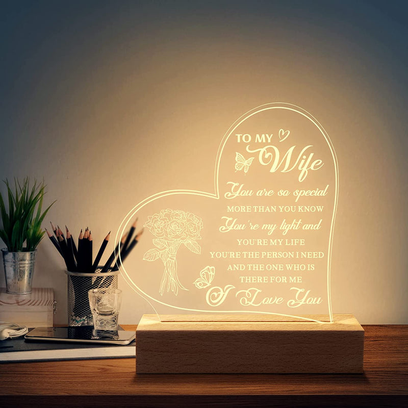 PRSTENLY Anniversary Wedding Gifts for Wife Night Light, to My Wife Gifts Engraved Night Lamp with Wooden Base, Engagement Birthday Gifts for Wife from Husband