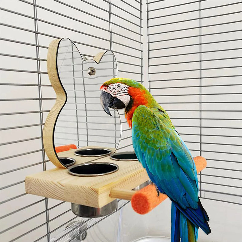 DAMAJI Bird Food Water Bowl with Mirror Toys, Hanging Cage Feeders for Parakeets, Parrot Feeding Watering Dish Cups with Wooden Platform Stand Perch for Cockatiel Budgie Finch Conure Supplies Animals & Pet Supplies > Pet Supplies > Bird Supplies > Bird Cage Accessories > Bird Cage Food & Water Dishes FUKOU678   
