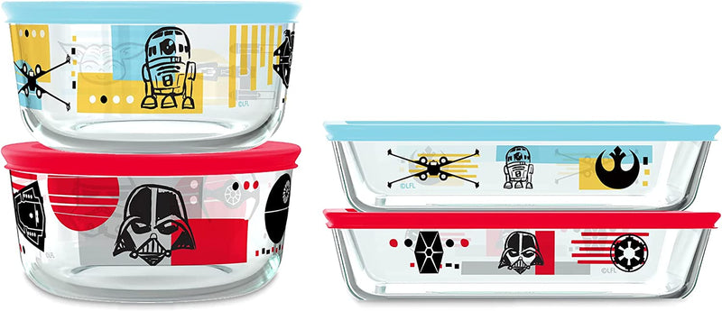 Pyrex 8-Pc Glass Food Storage Container Set, 4-Cup & 3-Cup Decorated round and Rectangle Meal Prep Containers, Non-Toxic, Bpa-Free Lids, Colorful, Disney'S Star Wars Home & Garden > Household Supplies > Storage & Organization Pyrex Star Wars - 2022  