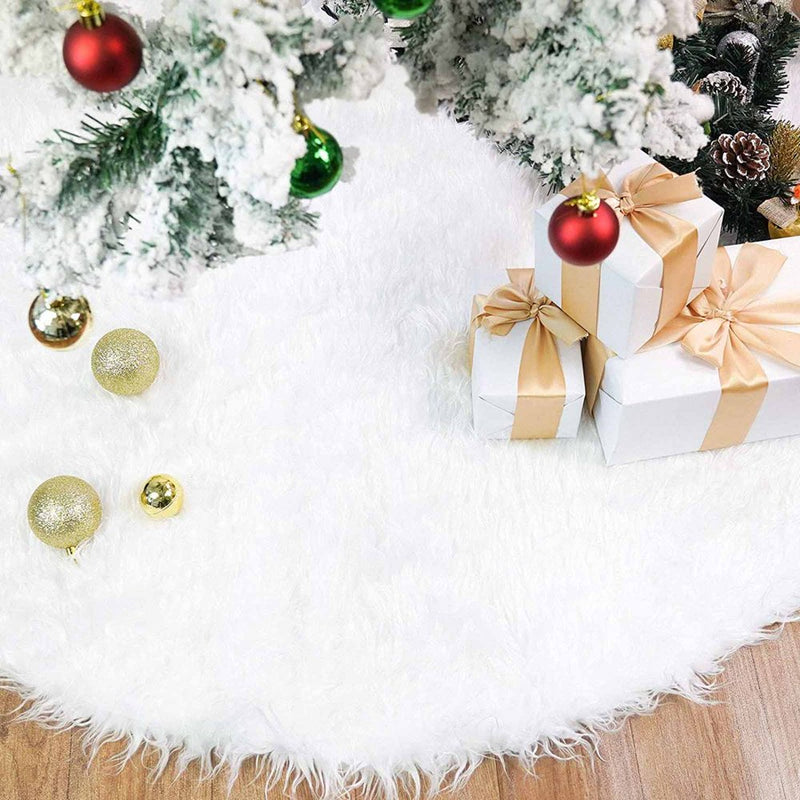 Husfou Faux Fur Christmas Tree Skirt, 30" Plush Xmas Tree Skirt Decorations for Holiday Party Indoor Decor, Fluffy Christmas Tree Mat