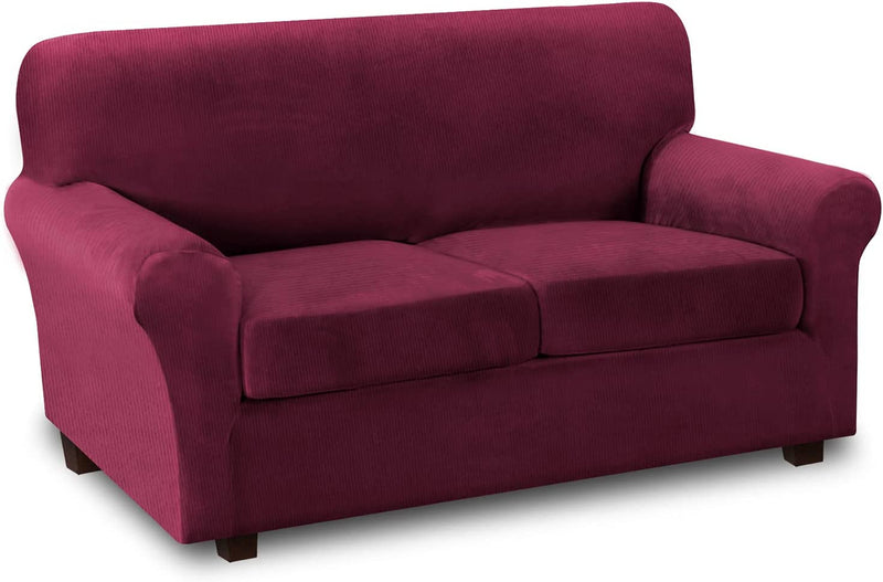 Thick Striped Velvet 4 Piece Stretch Sofa Covers Couch Covers for 3 Cushion Couch Sofa Slipcovers (Base Cover plus 3 Cushion Covers) Feature Soft Stay in Place(3 Cushion: 72"-88", Grey) Home & Garden > Decor > Chair & Sofa Cushions H.VERSAILTEX Burgundy 2 Cushion: 55"-62" 