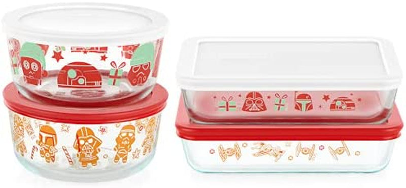 Pyrex 8-Pc Glass Food Storage Container Set, 4-Cup & 3-Cup Decorated round and Rectangle Meal Prep Containers, Non-Toxic, Bpa-Free Lids, Colorful, Disney'S Star Wars Home & Garden > Household Supplies > Storage & Organization Pyrex Star Wars Holiday  