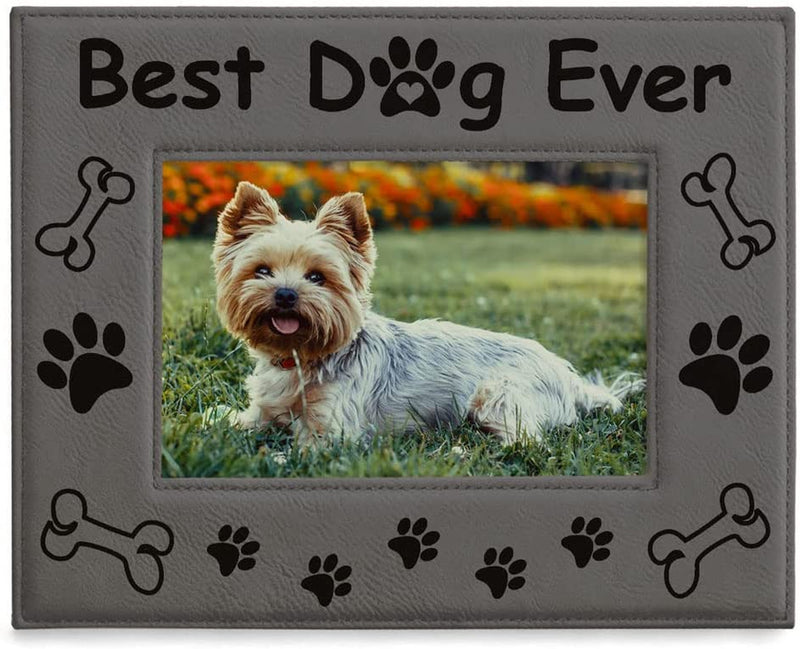 KATE POSH - Best Dog Ever Engraved Leather Picture Frame - Dog Lover Gifts, Dog Memorial Gifts, Birthday Gifts, Dog Paws and Bones Decor, Pet Memorial Gifts (4X6-Vertical) Home & Garden > Decor > Picture Frames KATE POSH 4x6-Horizontal (Grey)  