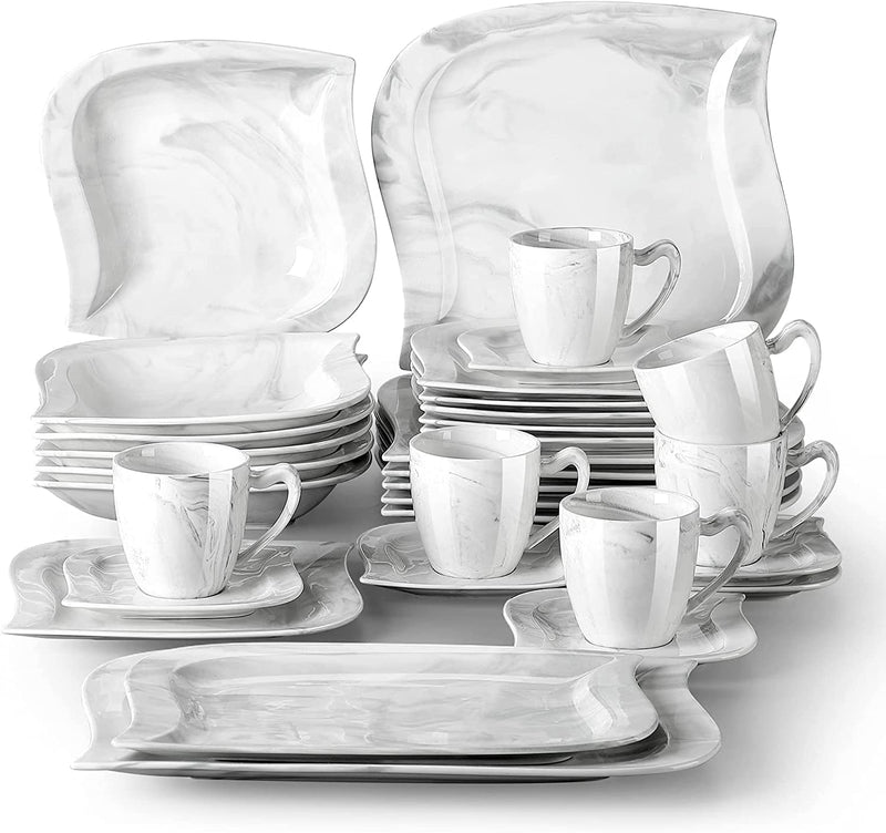 MALACASA Square Dinnerware Sets, 30 Piece Marble Grey Dish Set for 6, Porcelain Dishes Dinner Set with Plates and Bowls, Cups and Saucers, Dinnerware Plate Set Microwave Safe, Series Blance Home & Garden > Kitchen & Dining > Tableware > Dinnerware MALACASA ELVIRA 32 Piece (Service for 6) 