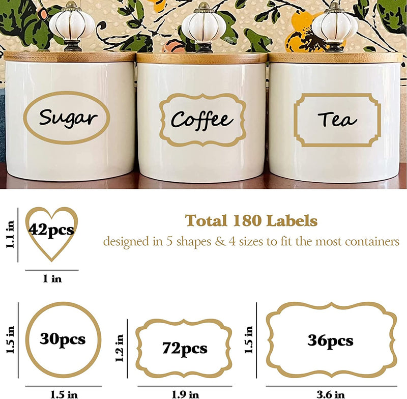 Clear Labels for Jars 180Pcs Waterproof Removable Transparent Write-On Label Stickers with Gold Border,Great for Food Container Spice Bottle Condiment Flour Sugar Canisters Storage Bins,Free 2 Markers Home & Garden > Decor > Decorative Jars Nardo Visgo   