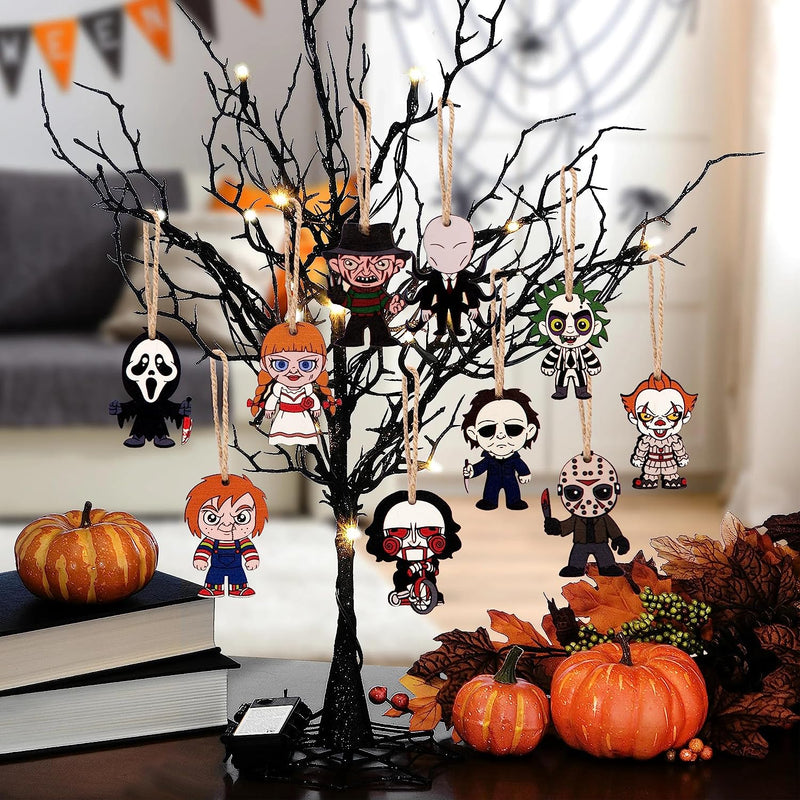 Halloween Decorations - Halloween Ornaments for Tree - Pack of 10 Wooden Hanging Horror Movie Ornaments for Halloween/Xmas Trees - Mini Halloween Tree Decorations  DAZONGE   