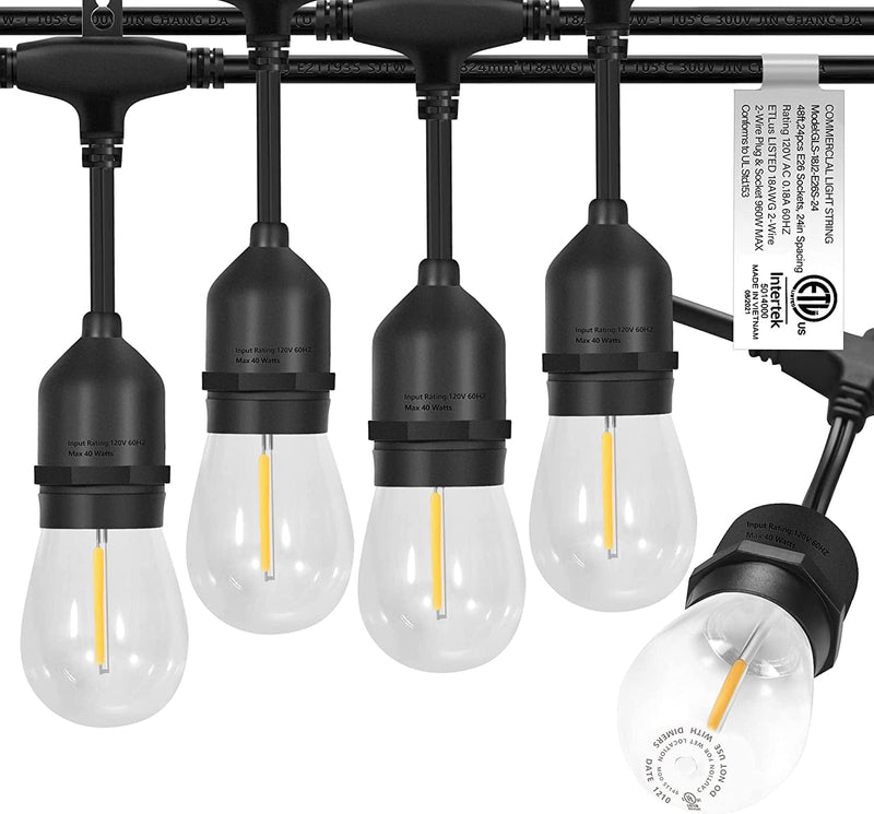 EIKOSON 48Ft LED Outdoor String Lights Include 24 Weatherproof Shatterproof Edison Style LED Bulbs，Commercial Grade Waterproof Patio Lights for Porch or Deck Decorative Bistro Garden Backyard Party Home & Garden > Lighting > Light Ropes & Strings EIKOSON Black  