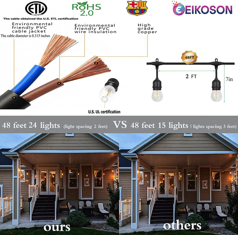 EIKOSON 48Ft LED Outdoor String Lights Include 24 Weatherproof Shatterproof Edison Style LED Bulbs，Commercial Grade Waterproof Patio Lights for Porch or Deck Decorative Bistro Garden Backyard Party