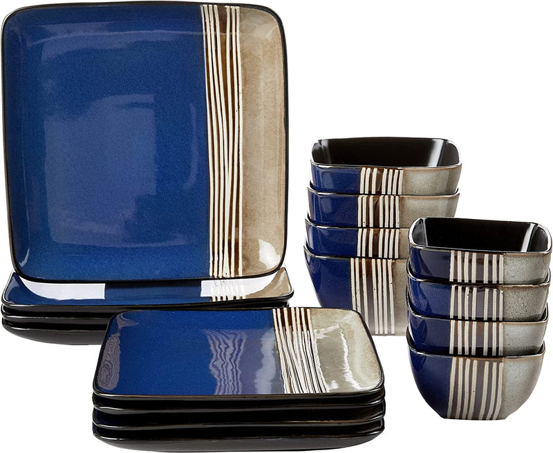 Elama Square Stoneware Loft Collection Dinnerware Dish Set, 16 Piece, Blue and Tan with White Accents