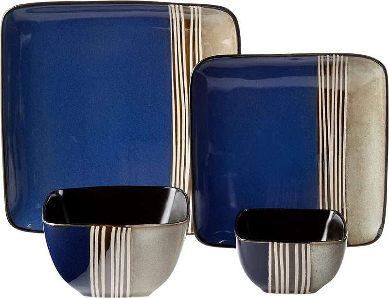 Elama Square Stoneware Loft Collection Dinnerware Dish Set, 16 Piece, Blue and Tan with White Accents