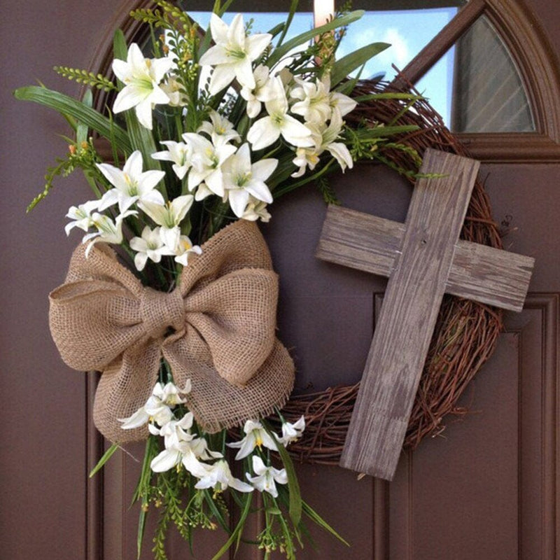 Elaydool Easter Wreath with Cross Burlap Bow Rustic Grapevine Wreath Spring Decorating Farmhouse Decor Wall Home Decor Gift DIY Easter Front Door Wreath Decoration