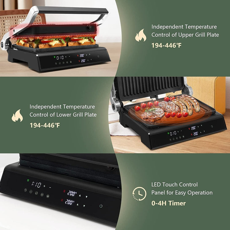 Electric Grill Panini Press Maker - Sandwich Maker with 2 Detachable Non-Stick Coated Plates Independent Temperature Control 4H Timer 5 Auto Modes LED Display Drip Tray Home & Garden > Household Supplies > Household Cleaning Supplies UIIAIOUIAIO   